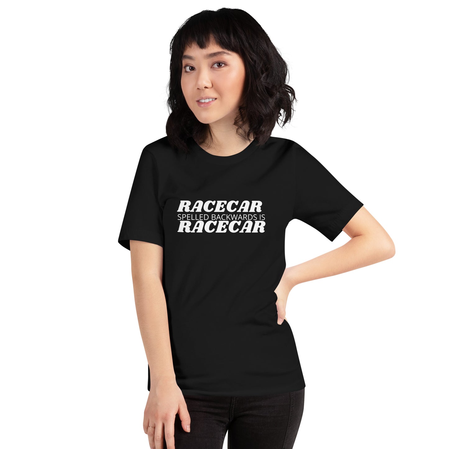 RACECAR SPELLED BACKWARDS IS RACECAR TEE - BLACK